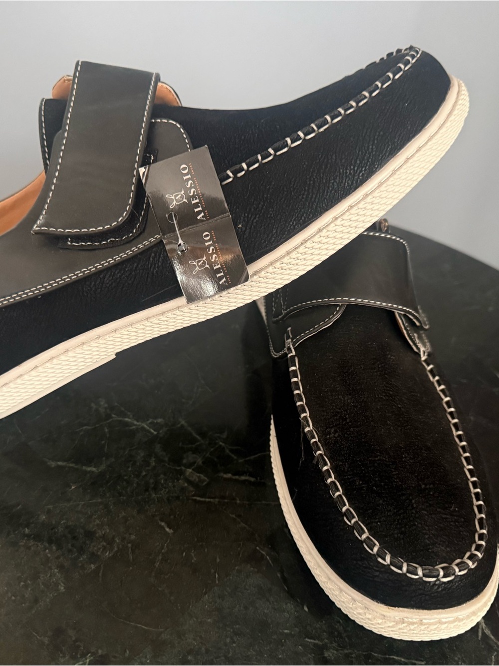 Alessi Black Slip-On Moccasin Loafers with White Stitching